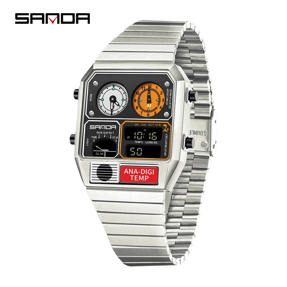 SANDA New 3192 Men's Square Men's Electronic Watch Waterproof LED Thermometer Stopwatch For Men's Electronic Watch