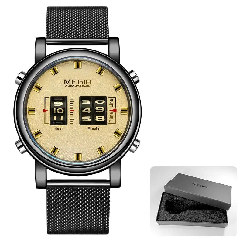 MEGIR 2020 New Luxury Watches Men Military Sport Roller Pointer Quartz Watch Man Fashion Stainless Steel Mesh Strap Wristwatch