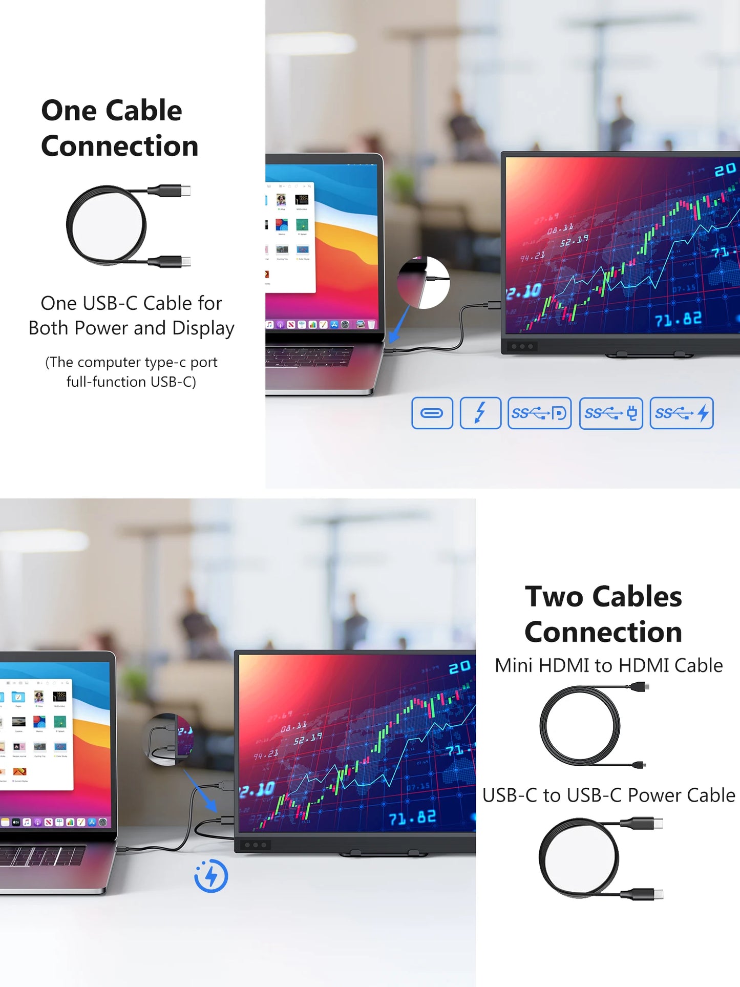 Amoudo 15.6 Inch Portable Monitor 1920x1080P Extend Display IPS LCD Panel Penhole Stand VESA USBC Mini HDMI Mobile Display