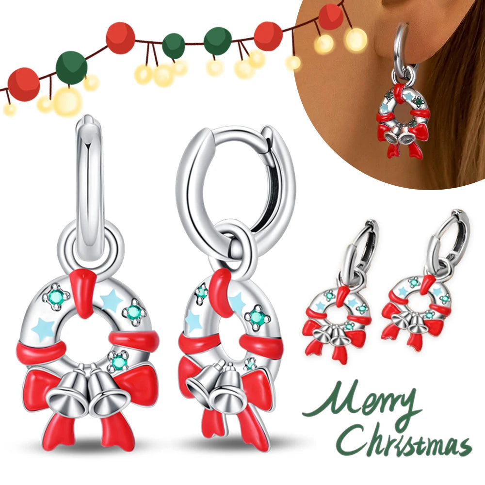 Elegant Christmas Bow Bell Ring Earrings Set 925 Sterling Silver Women's Festive Party Jewelry Gift Cute Bell Design