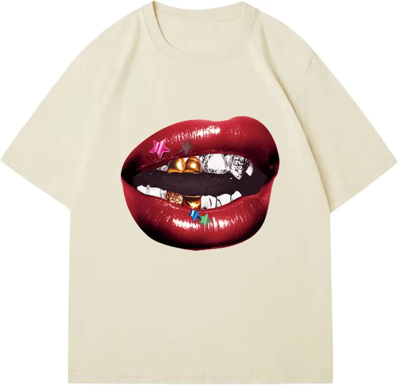 Chic Lips Golden Teeth Vintage T-shirt Rock Goth Casual Tee Clothing Men Oversized Cotton T Shirt Harajuku Y2k Tops Streetwear