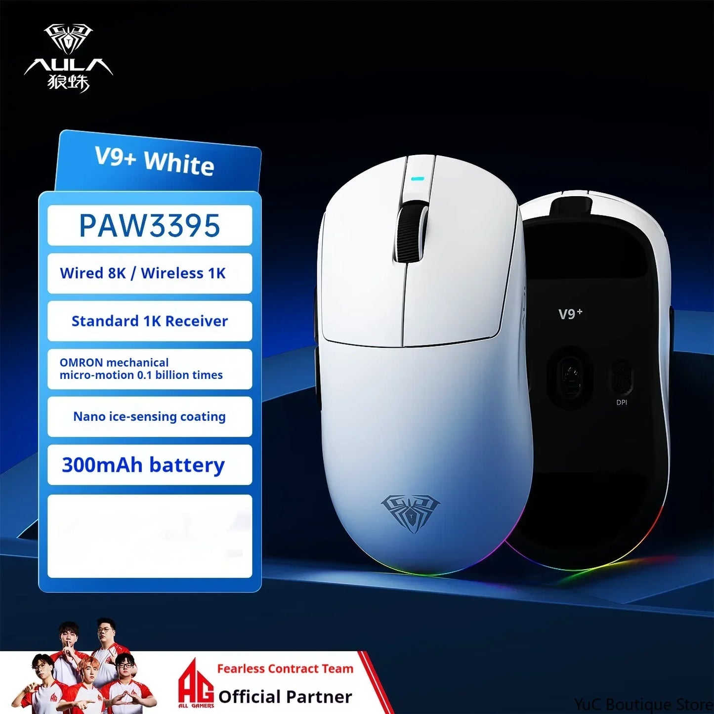New Aula V9 Ultra Wireless E-sports Gaming Mouse Double 8k 3mode PAW 3950 8k Custom PC Accessory 55g Lightweight Ergonomic Mouse