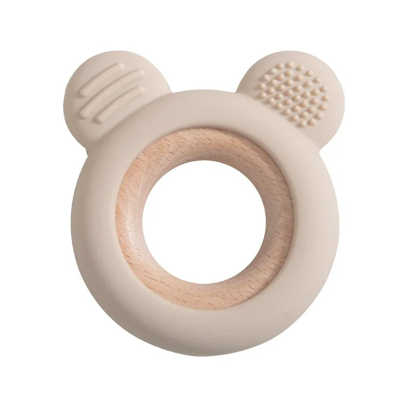 1PC Baby Silicone Wooden Teether Ring Cute Bear Infant Nursing Teething Toys Newborn Health Care Chewing Toy Baby Accessories
