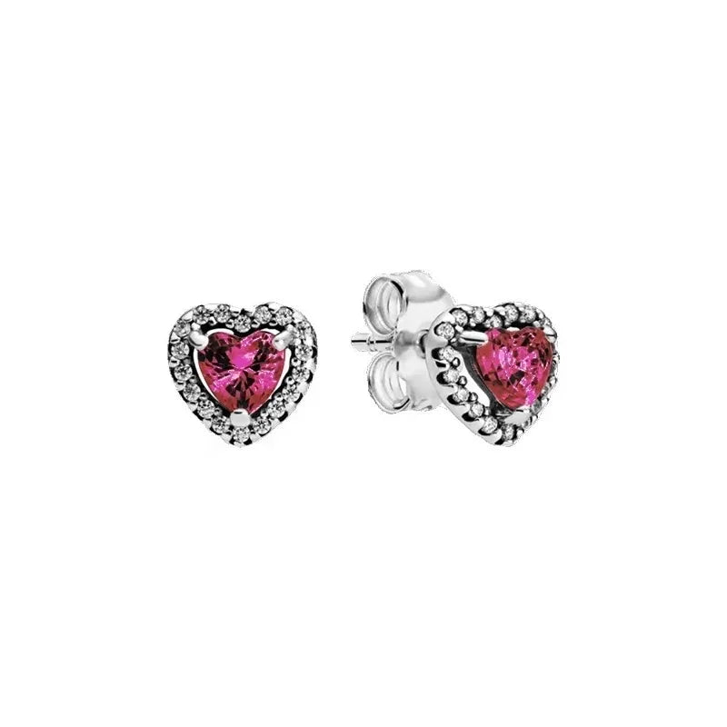 New 925 sterling silver heart-shaped earrings, rings, necklaces, pink red rainbow luxury set, sparkling charm jewelry, gifts