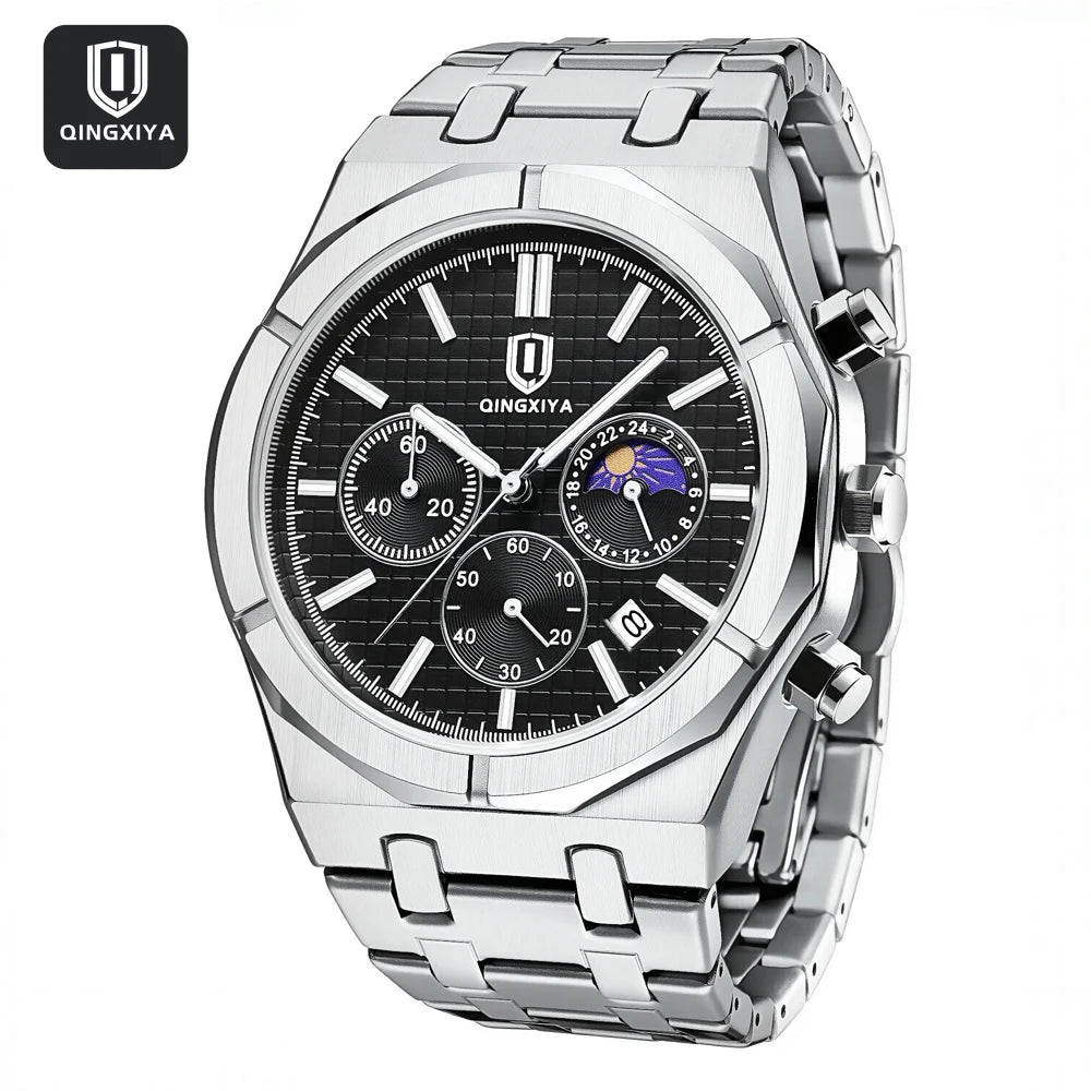 QINGXIYA Brand New Fashion Chronograph Quartz Watch for Men Stainless Steel Waterproof Luminous Date Luxury Men's Watches Reloj