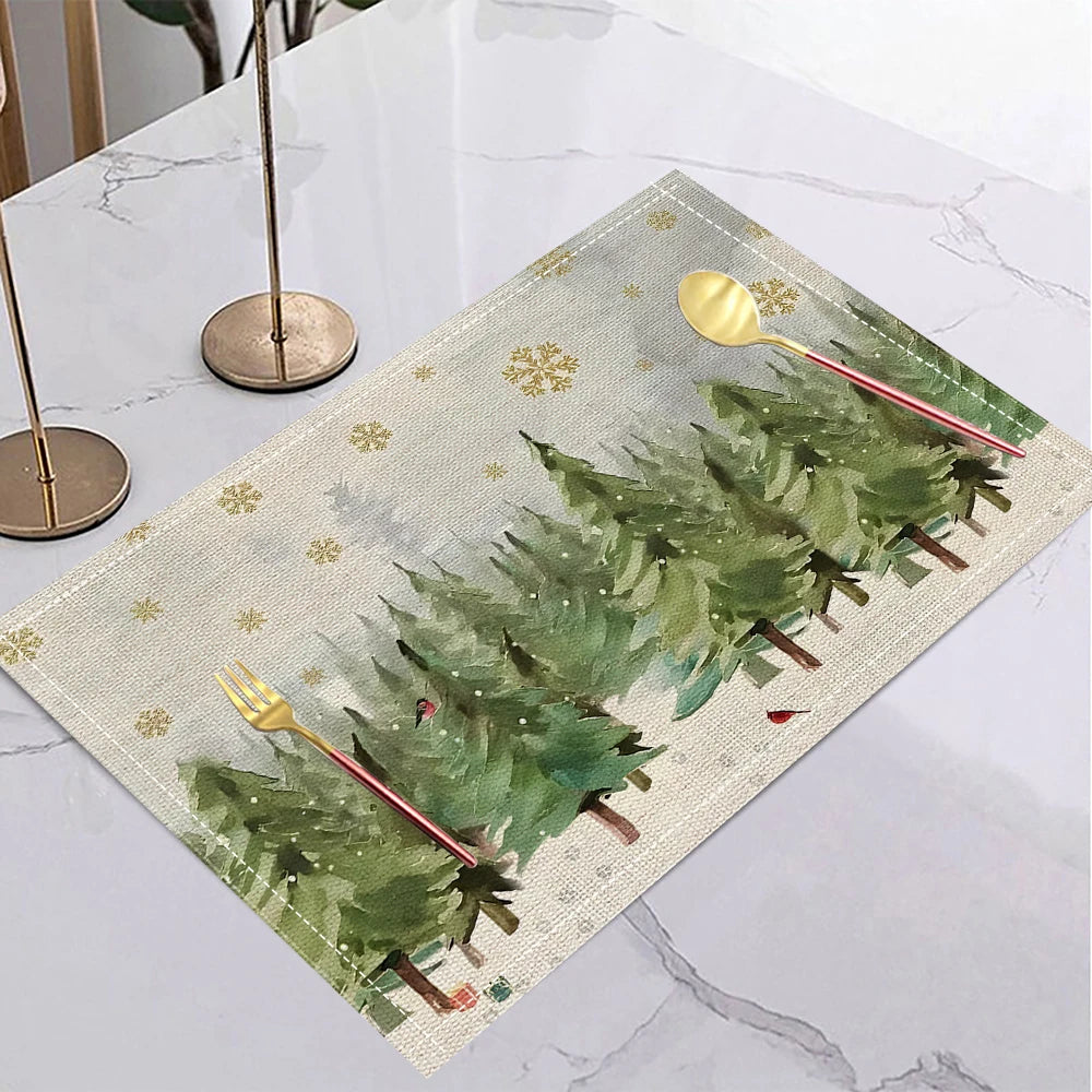 4/6/8PCS Christmas Tree Placemats Linen Non Slip Table Mats Rectangular Non Slip Dining Table for Kitchen Home Decor Essentials