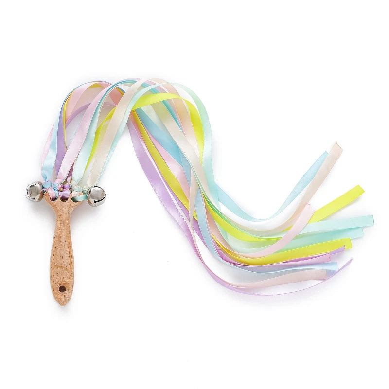 Baby Wooden Rattles with 50cm Rainbow Ribbon Kids Hand Kite Streamer with Bell Outdoor Toys Baby Sports Educational Toys Gifts