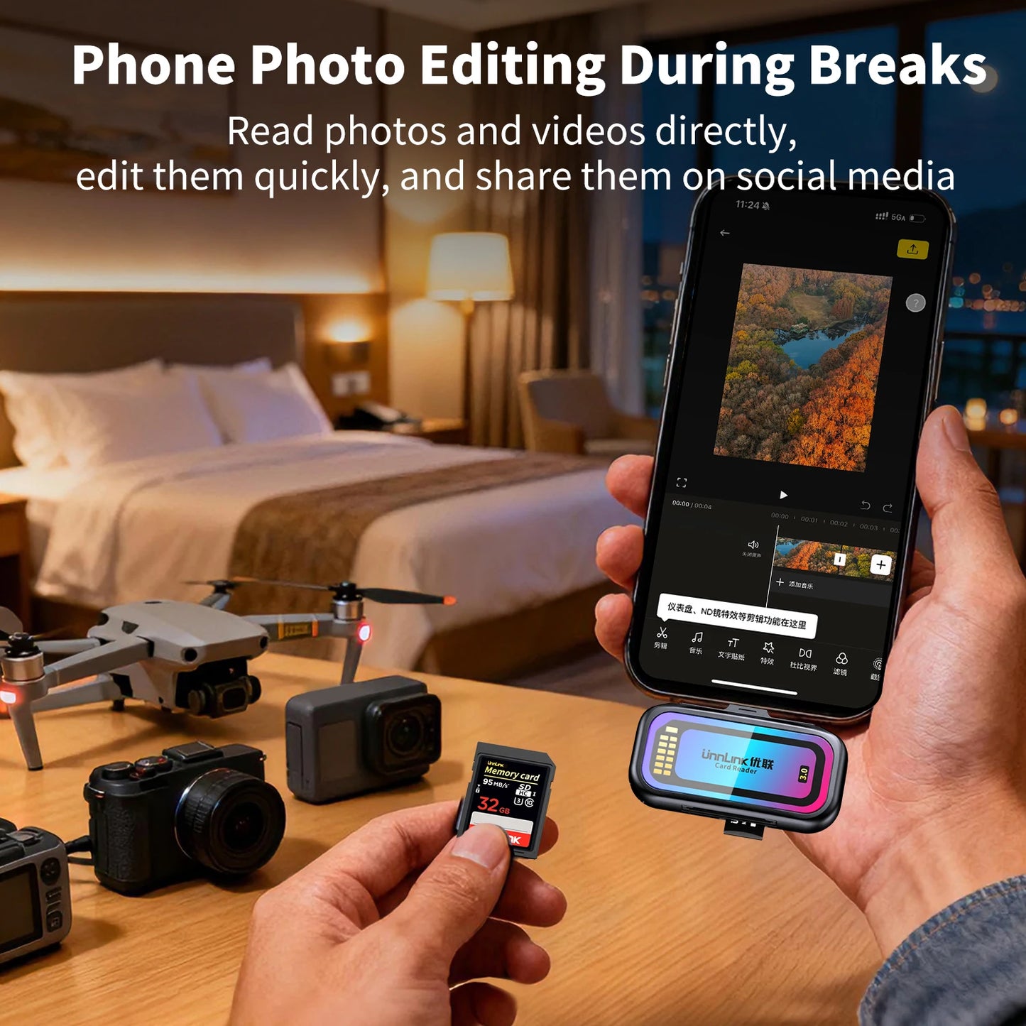 Unnlink SD & Micro SD 4.0 Card Reader UHS-II, USB-C to SD TF Memory Card Adapter for Mac iPhone 16/17 to Drone Action Camera