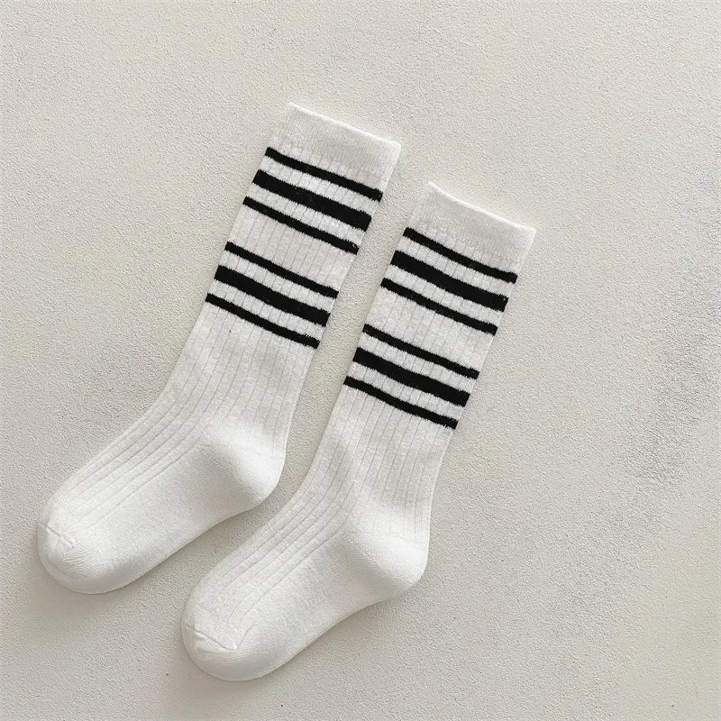 Spring Autumn Baby Cotton Kids Floor Sport Stockings New Korean White Black Striped Knee High Long Socks for Children Clothes