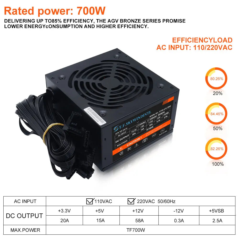 700W PC PSU Power Supply unit Black Gaming Quiet 120mm Fan 24pin 12V ATX Desktop computer Power Supply for BTC