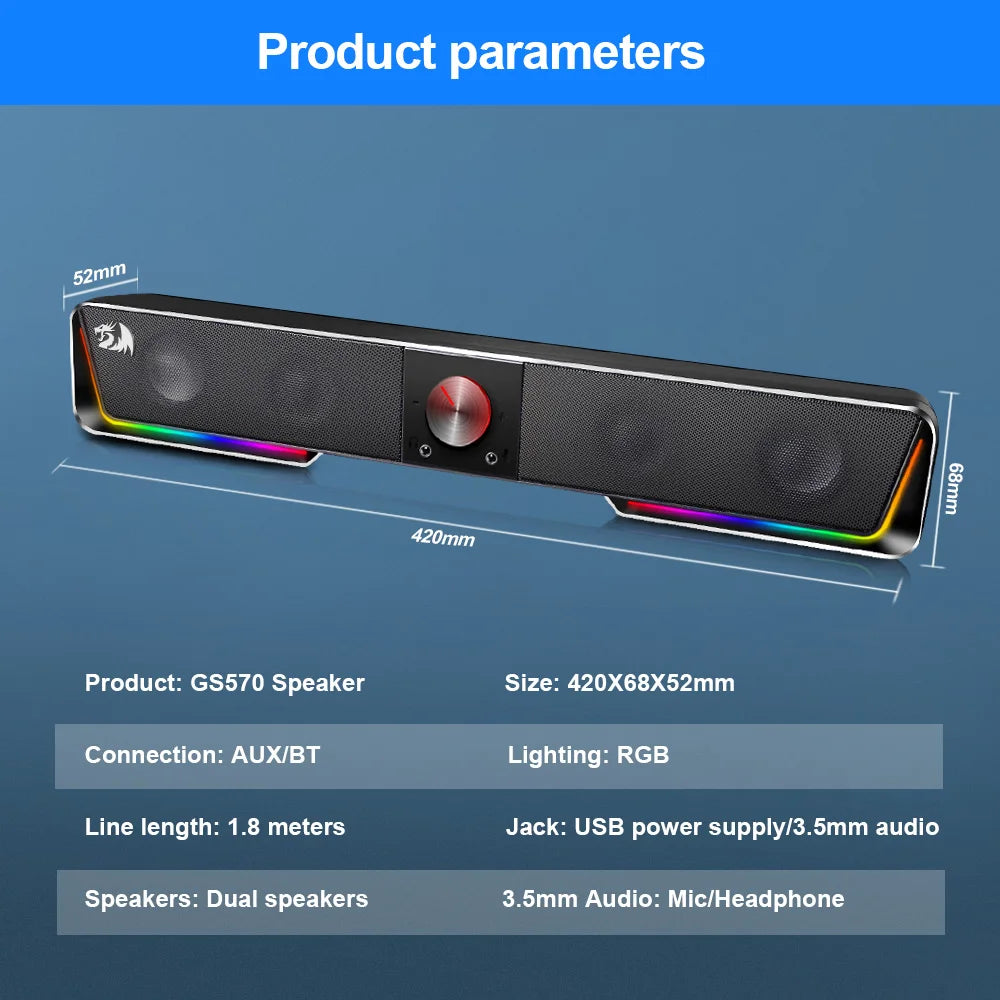 REDRAGON GS570 Darknets Support Bluetooth Wireless aux 3.5 surround RGB speakers column sound bar for computer PC loudspeakers