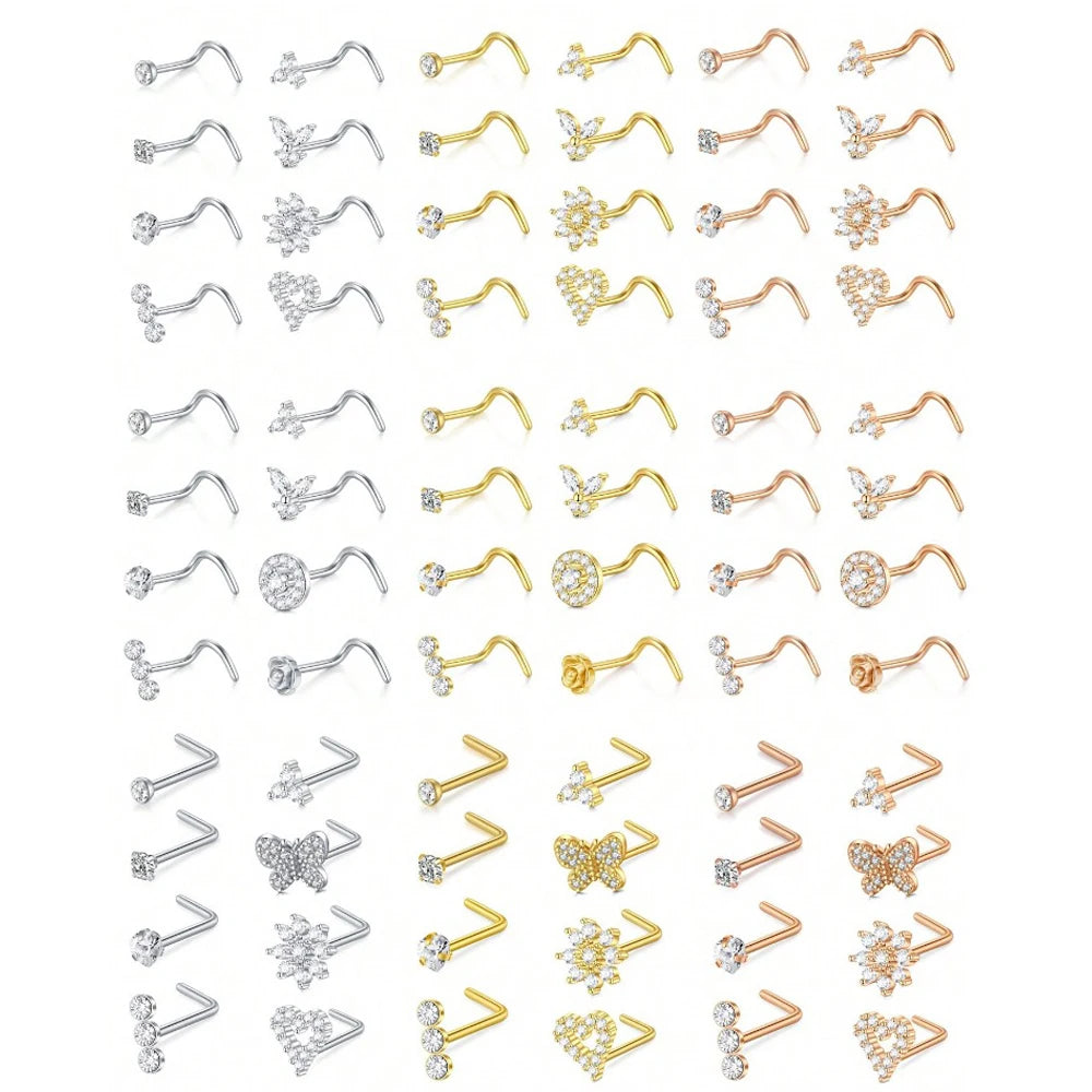 8Pcs/Set Nose Studs Rings For Women 18G 20G Corkscrew L Shaped Nose Screw Studs Nose Rings Studs Surgical Steel Nostril Nose Pie