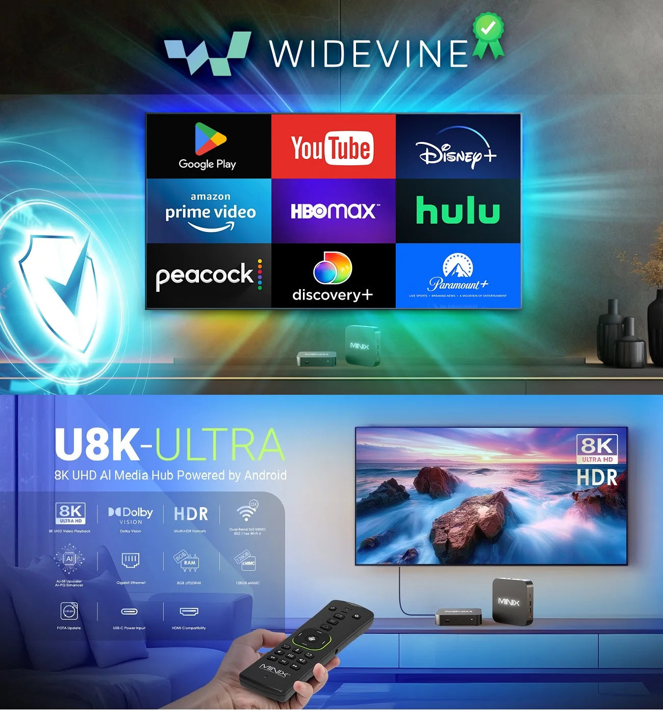 MINIX U8K Android TV box Streaming Media Player A3,live sports, Dolby Vision-Atmos, AI picture  enhancer, Google ,8K ITPV player