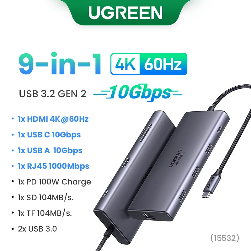 UGREEN 9-in-1 USB HUB Type-C to 4K60Hz HDMI 10Gbps USB C&A 1000Mbps RJ45 PD100W SD&TF for Laptop Accessories MacBook Pro Dell HP