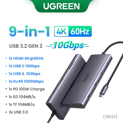 UGREEN 9-in-1 USB HUB Type-C to 4K60Hz HDMI 10Gbps USB C&A 1000Mbps RJ45 PD100W SD&TF for Laptop Accessories MacBook Pro Dell HP