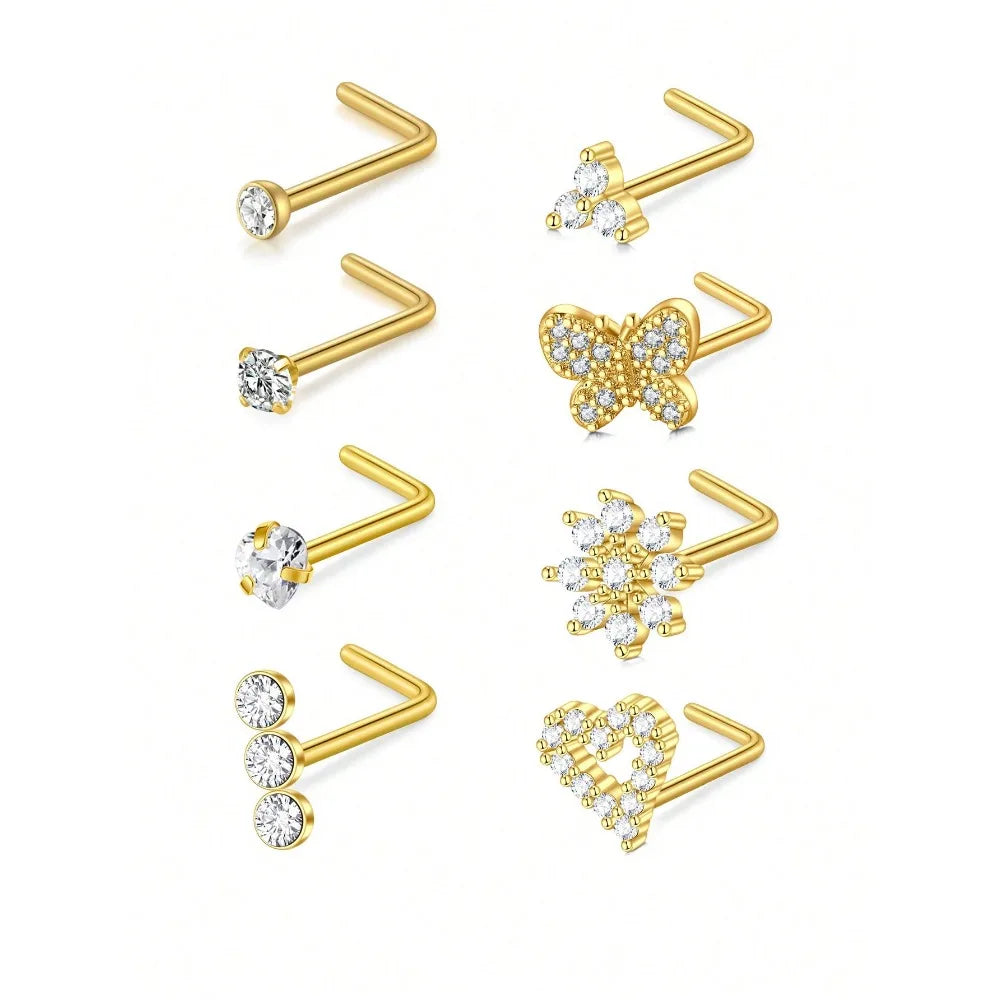 8Pcs/Set Nose Studs Rings For Women 18G 20G Corkscrew L Shaped Nose Screw Studs Nose Rings Studs Surgical Steel Nostril Nose Pie