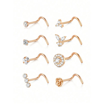 8Pcs/Set Nose Studs Rings For Women 18G 20G Corkscrew L Shaped Nose Screw Studs Nose Rings Studs Surgical Steel Nostril Nose Pie