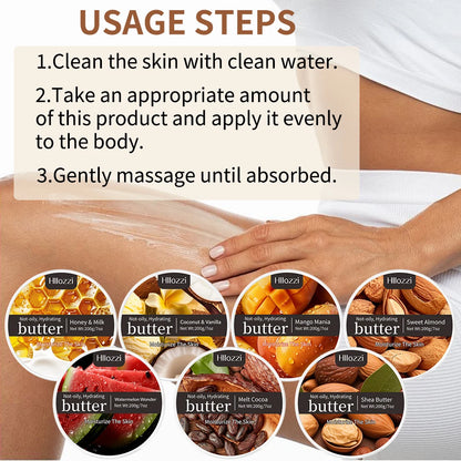 A variety of body butters for face and body moisturizing, hydrating, making the skin firm, smooth and elastic fragrance