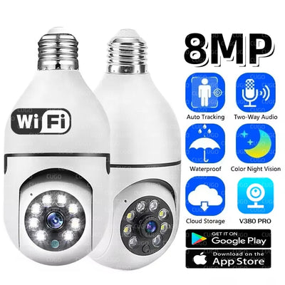8MP E27 Bulb Wifi Surveillance Camera 8X Digital Zoom AI Humanoid Detection Color Night Vision Wireless Cameras Baby Monitor Cam