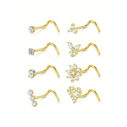 8Pcs/Set Nose Studs Rings For Women 18G 20G Corkscrew L Shaped Nose Screw Studs Nose Rings Studs Surgical Steel Nostril Nose Pie