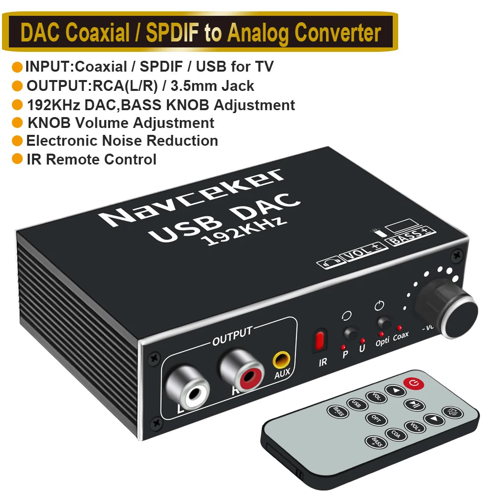 Navceker DAC Digital to Analog Audio Converter With Bluetooth Receiver Optical Toslink USB Disk to RCA 3.5mm Jack Stereo Adapter