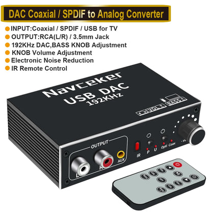 Navceker DAC Digital to Analog Audio Converter With Bluetooth Receiver Optical Toslink USB Disk to RCA 3.5mm Jack Stereo Adapter