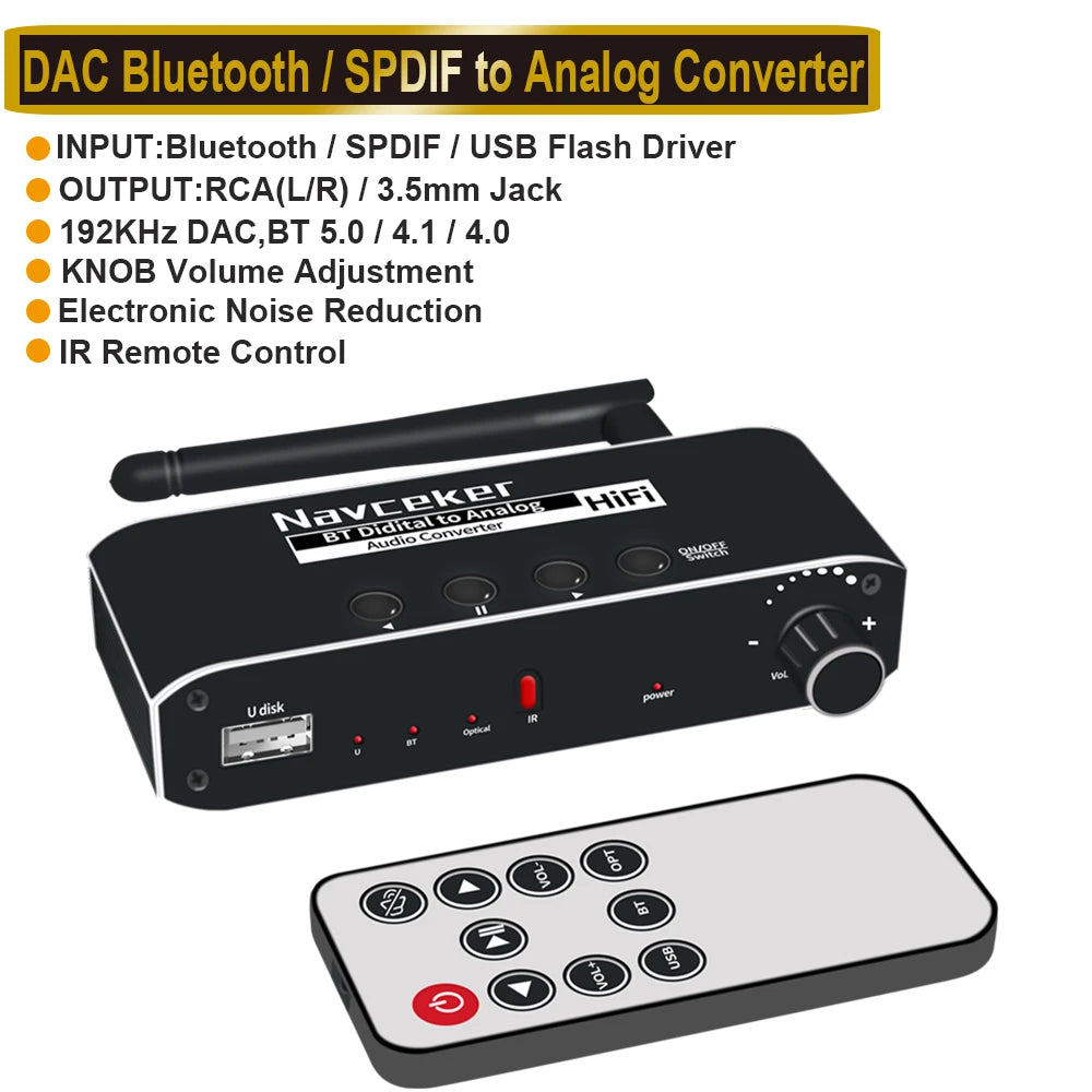 Navceker DAC Digital to Analog Audio Converter With Bluetooth Receiver Optical Toslink USB Disk to RCA 3.5mm Jack Stereo Adapter