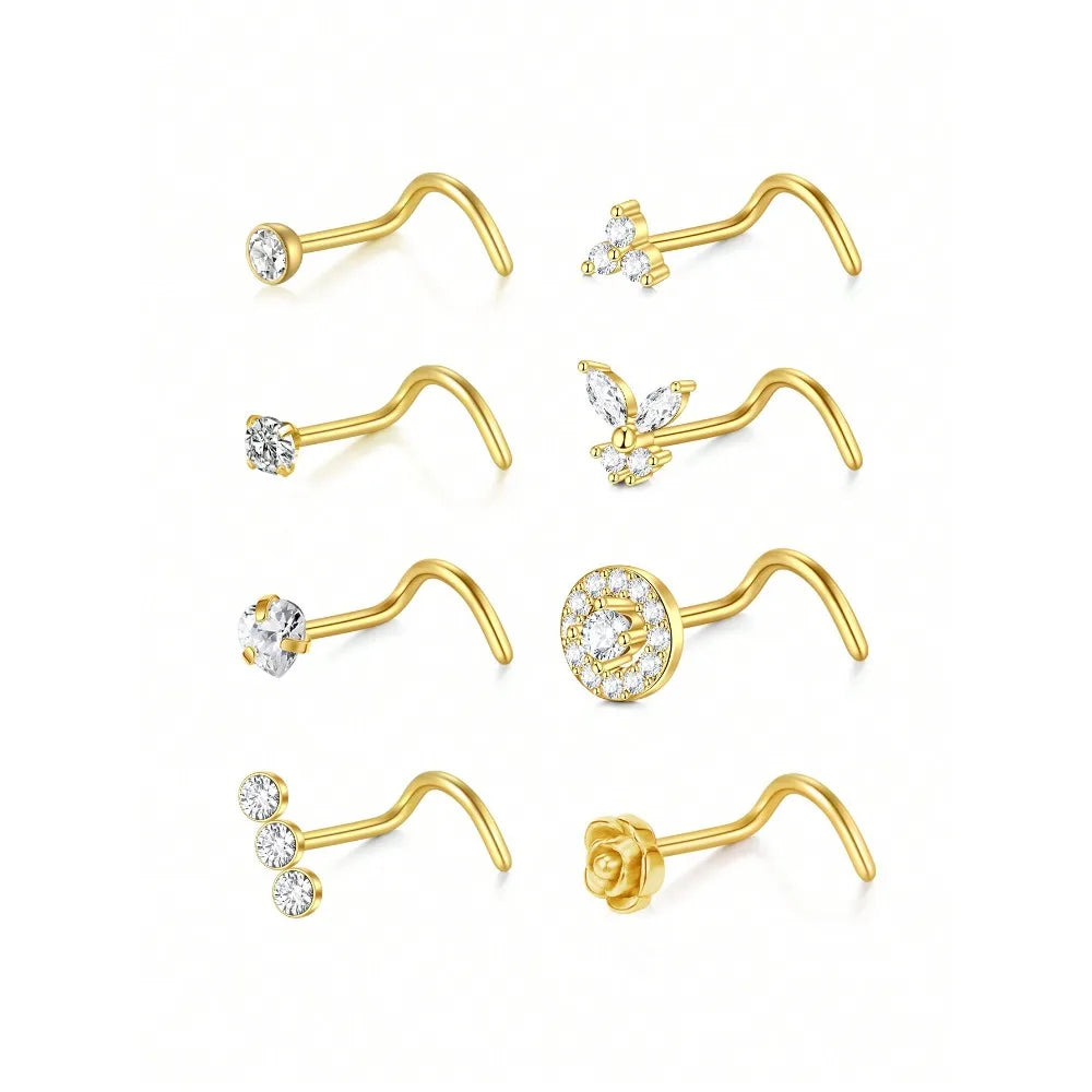 8Pcs/Set Nose Studs Rings For Women 18G 20G Corkscrew L Shaped Nose Screw Studs Nose Rings Studs Surgical Steel Nostril Nose Pie