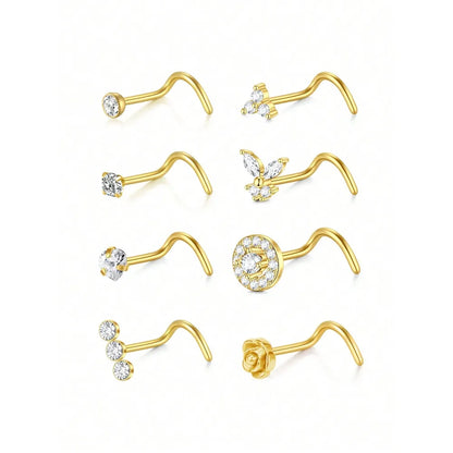 8Pcs/Set Nose Studs Rings For Women 18G 20G Corkscrew L Shaped Nose Screw Studs Nose Rings Studs Surgical Steel Nostril Nose Pie