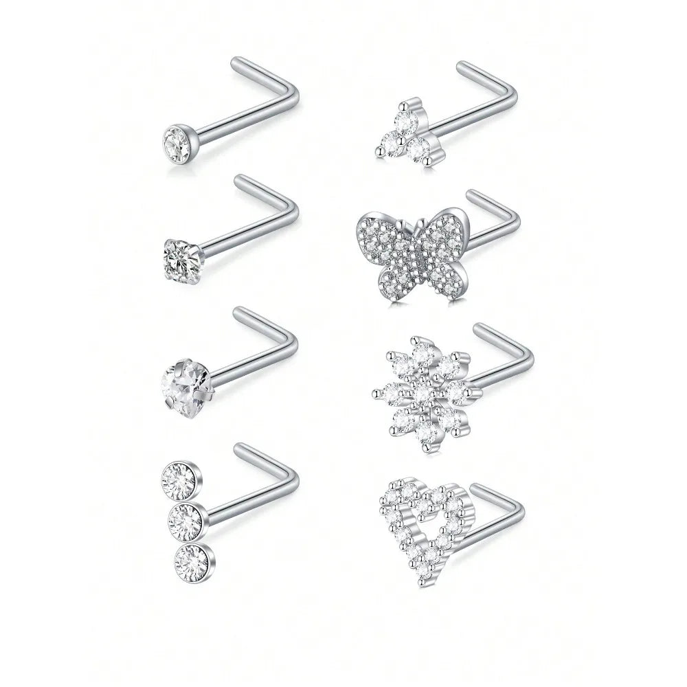 8Pcs/Set Nose Studs Rings For Women 18G 20G Corkscrew L Shaped Nose Screw Studs Nose Rings Studs Surgical Steel Nostril Nose Pie