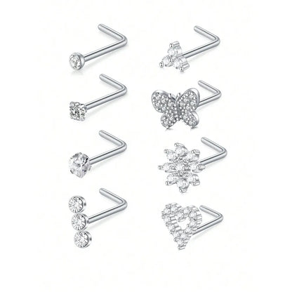 8Pcs/Set Nose Studs Rings For Women 18G 20G Corkscrew L Shaped Nose Screw Studs Nose Rings Studs Surgical Steel Nostril Nose Pie