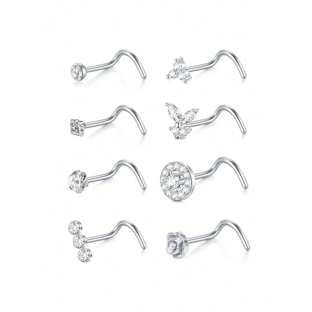 8Pcs/Set Nose Studs Rings For Women 18G 20G Corkscrew L Shaped Nose Screw Studs Nose Rings Studs Surgical Steel Nostril Nose Pie
