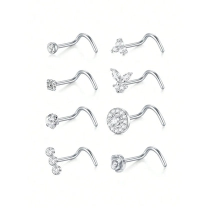 8Pcs/Set Nose Studs Rings For Women 18G 20G Corkscrew L Shaped Nose Screw Studs Nose Rings Studs Surgical Steel Nostril Nose Pie