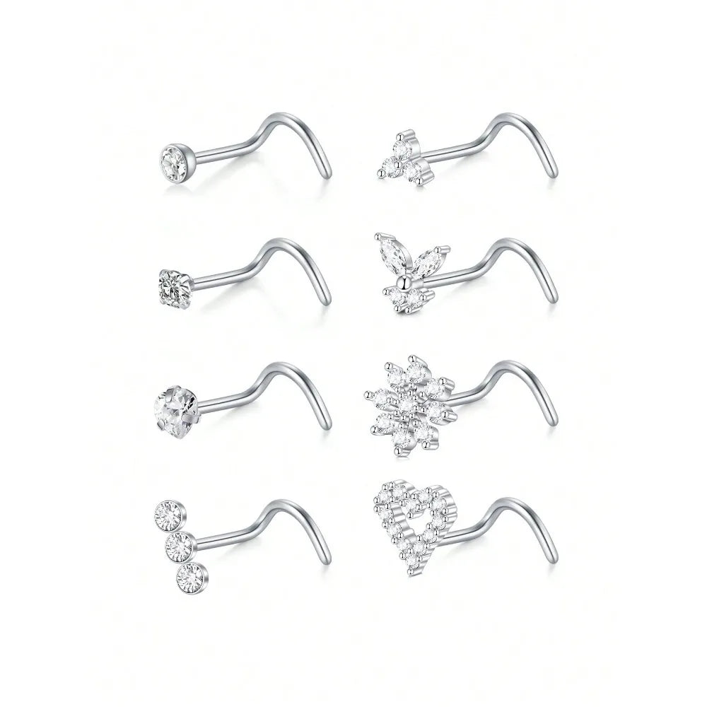 8Pcs/Set Nose Studs Rings For Women 18G 20G Corkscrew L Shaped Nose Screw Studs Nose Rings Studs Surgical Steel Nostril Nose Pie