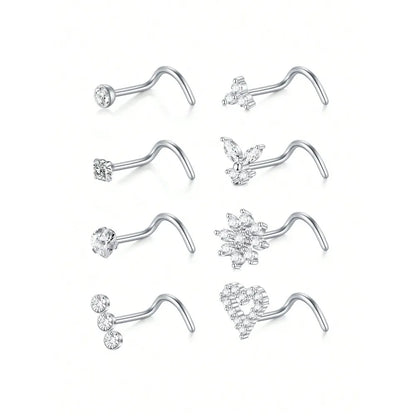 8Pcs/Set Nose Studs Rings For Women 18G 20G Corkscrew L Shaped Nose Screw Studs Nose Rings Studs Surgical Steel Nostril Nose Pie
