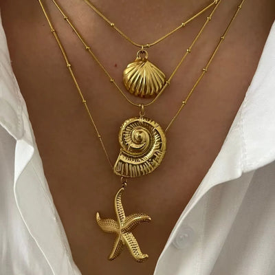 Minimalist Starfish Striped Conch Scallop Shaped Pendant Necklace for Women Waterproof Trend Jewelry Summer Beach Party