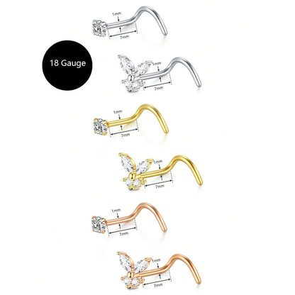 8Pcs/Set Nose Studs Rings For Women 18G 20G Corkscrew L Shaped Nose Screw Studs Nose Rings Studs Surgical Steel Nostril Nose Pie