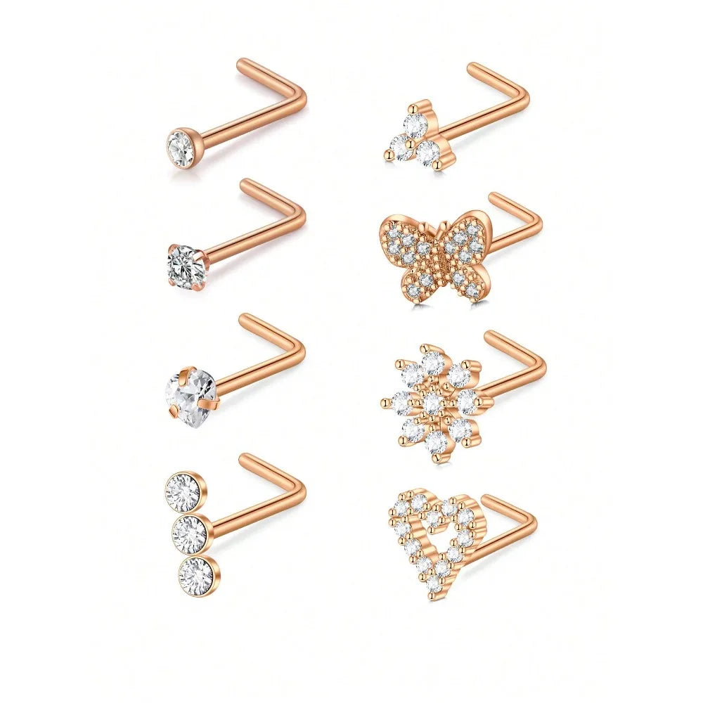 8Pcs/Set Nose Studs Rings For Women 18G 20G Corkscrew L Shaped Nose Screw Studs Nose Rings Studs Surgical Steel Nostril Nose Pie