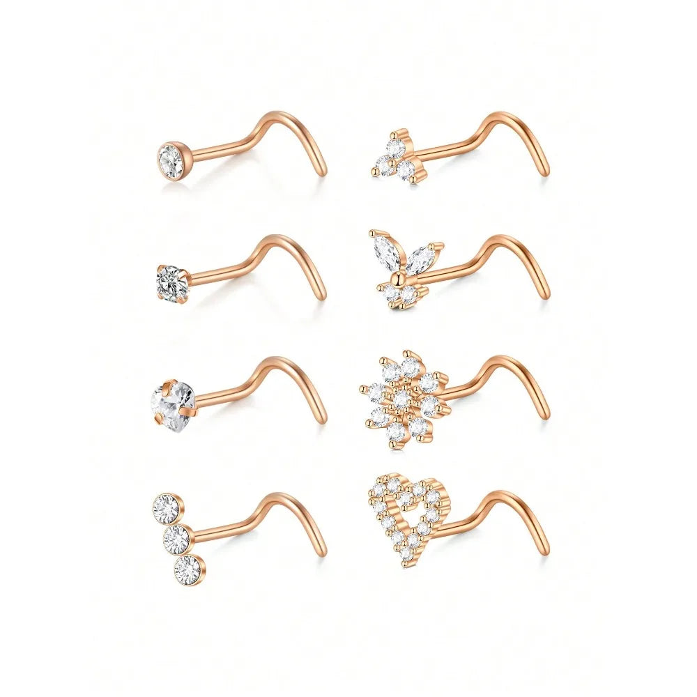 8Pcs/Set Nose Studs Rings For Women 18G 20G Corkscrew L Shaped Nose Screw Studs Nose Rings Studs Surgical Steel Nostril Nose Pie