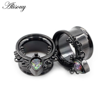 Alisouy 2pcs Punk Stainless Steel Water Drop Zircon Ear Tunnels Plugs Ear Expander Flesh Gauges Stretchers Body Piercing Jewelry