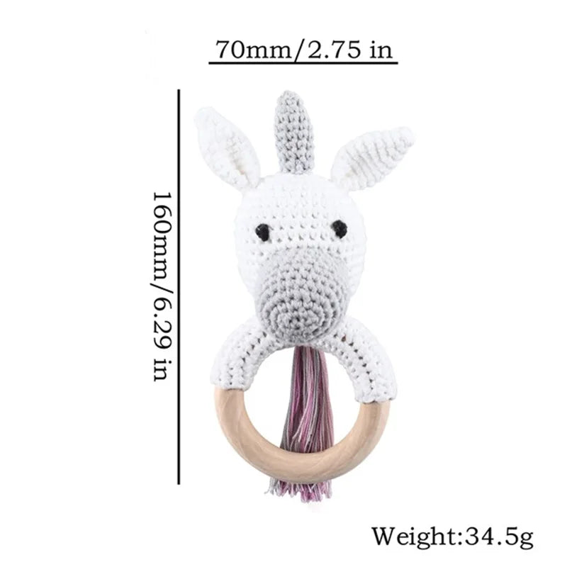 Baby Rattle Toys For Children 1Pc Smooth Beech Wood Teething Crochet Elk Fox Bear Teether Montessori Educational Toys For Kids