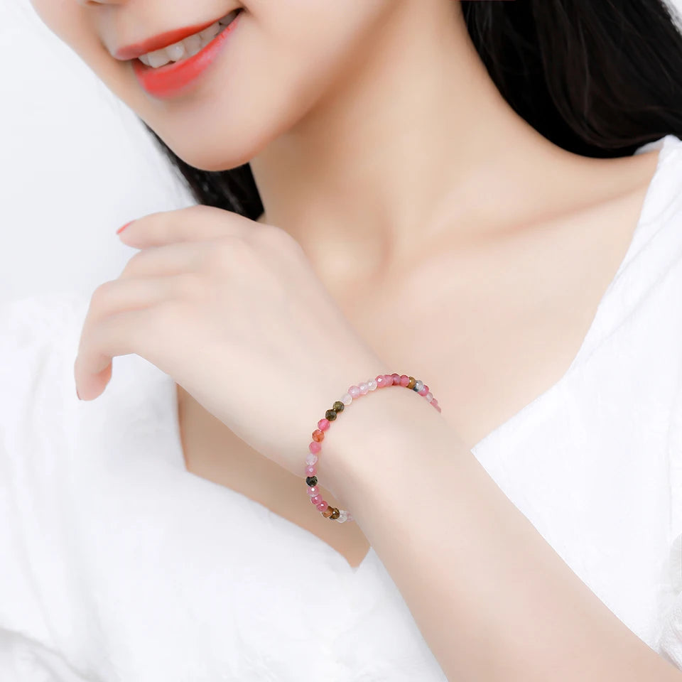 4mmNatural Stone Tourmaline Handwork Bracelets on Hand for Women Gift Wedding Party Jewelry 925 Sterling Silver Amethyst Bangles
