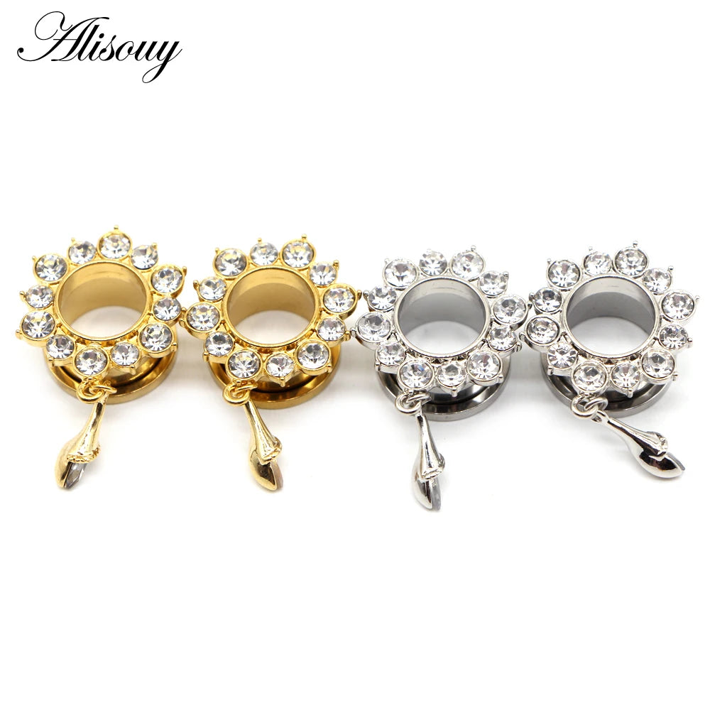 Alisouy 2pcs Water Drop Crystal Dangle Stainless Steel Ear Gauges Plugs Tunnel Expander Earring Stretcher Piercing Body Jewelry