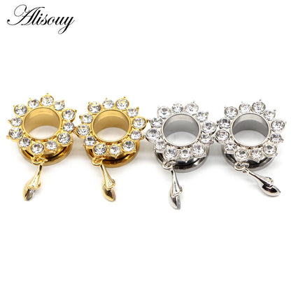 Alisouy 2pcs Water Drop Crystal Dangle Stainless Steel Ear Gauges Plugs Tunnel Expander Earring Stretcher Piercing Body Jewelry