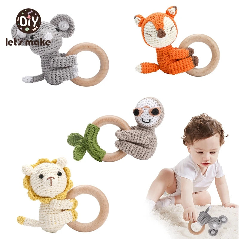 Baby Rattle Toys Cartoon Crochet Animal New DIY Beech Wood Bracelet BPA Free Baby Teether Newborn Educational Toy Gift