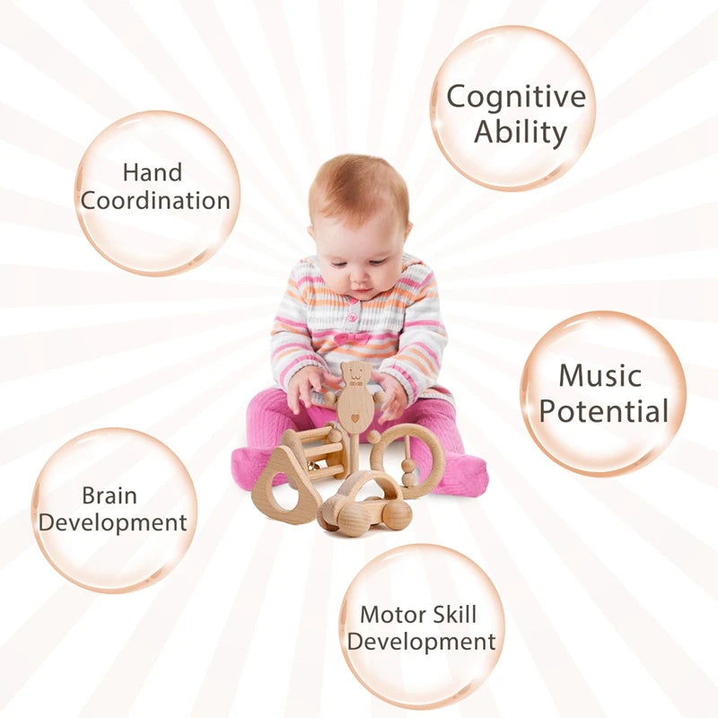 1pc Baby Toy Beech Bear Hand Teething Baby Rattles Wood Ring Cartoon Car Play Gym Montessori Stroller Toy Educational Toys