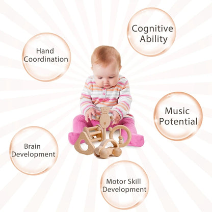 1pc Baby Toy Beech Bear Hand Teething Baby Rattles Wood Ring Cartoon Car Play Gym Montessori Stroller Toy Educational Toys