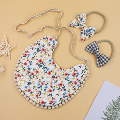 4Sets/Lot Infant Burp Clothes Hair Bow Tie Headband Cotton Baby Boy Girl Bibs Kids Floral Saliva Towel Feeding Double-deck Scarf