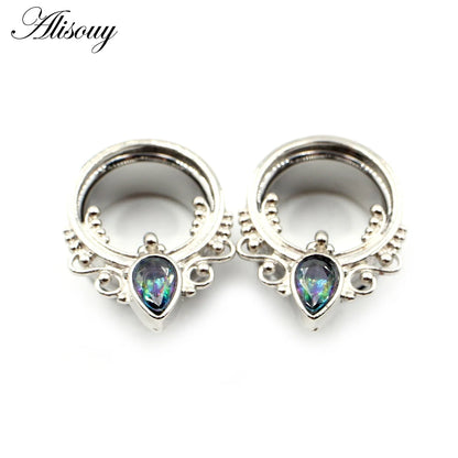 Alisouy 2pcs Punk Stainless Steel Water Drop Zircon Ear Tunnels Plugs Ear Expander Flesh Gauges Stretchers Body Piercing Jewelry
