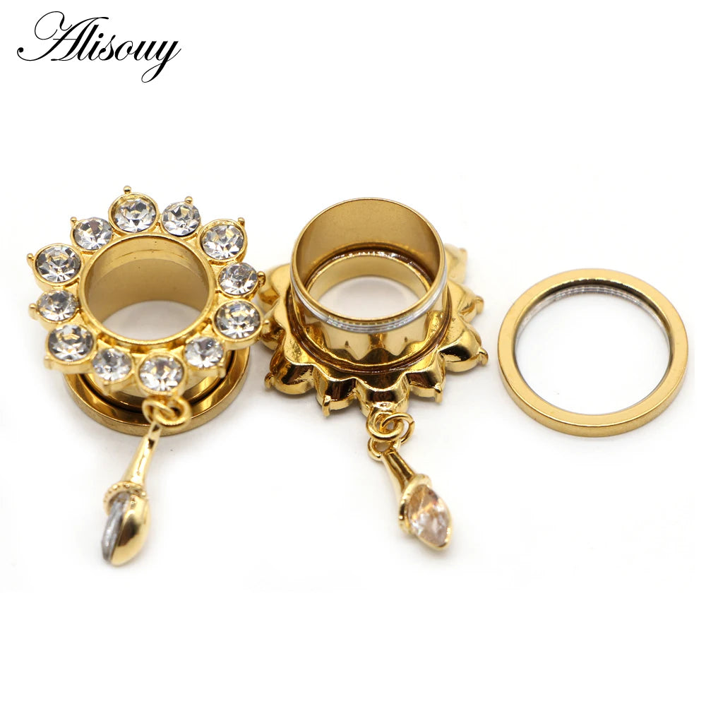 Alisouy 2pcs Water Drop Crystal Dangle Stainless Steel Ear Gauges Plugs Tunnel Expander Earring Stretcher Piercing Body Jewelry